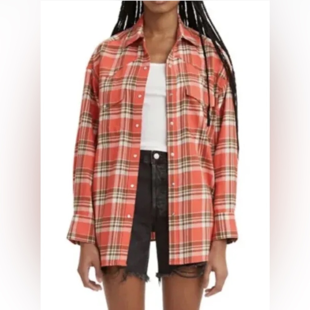 Levi's Women's Dylan Relaxed Western Top Orange Plaid Flannel Shirt Sz S NWT